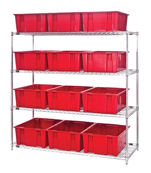 Quantum WR4-12225RD, 24"W 66"D 63"H Bin Wire Shelving System, Red Containers, Chrome Plated Finish