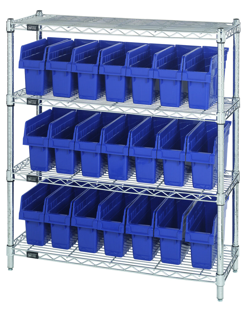 Quantum WR4-39-1236-801BL, 12"W 36"D 39"H Bin Wire Shelving Center, Blue Bins, Chrome Plated Finish