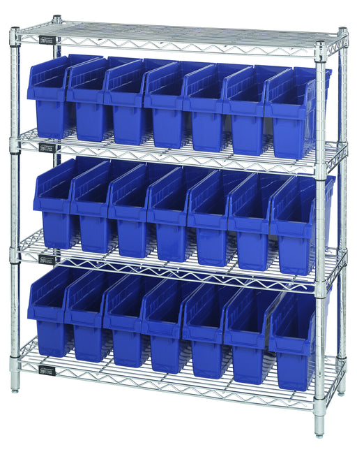Quantum WR4-39-1236-801BL, 12"W 36"D 39"H Bin Wire Shelving Center, Blue Bins, Chrome Plated Finish