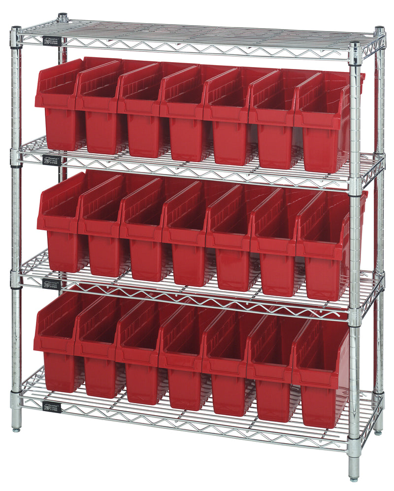 Quantum WR4-39-1236-801RD, 12"W 36"D 39"H Bin Wire Shelving Center, Red Bins, Chrome Plated Finish