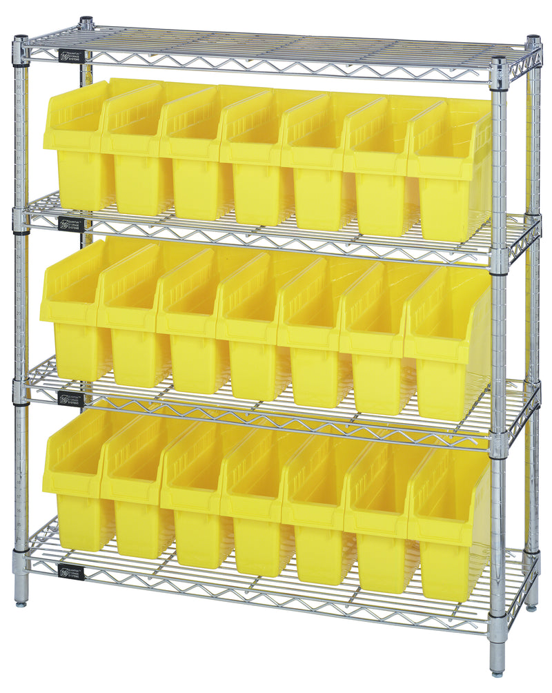 Quantum WR4-39-1236-801YL, 12"W 36"D 39"H Bin Wire Shelving Center, Yellow Bins, Chrome Plated Finish