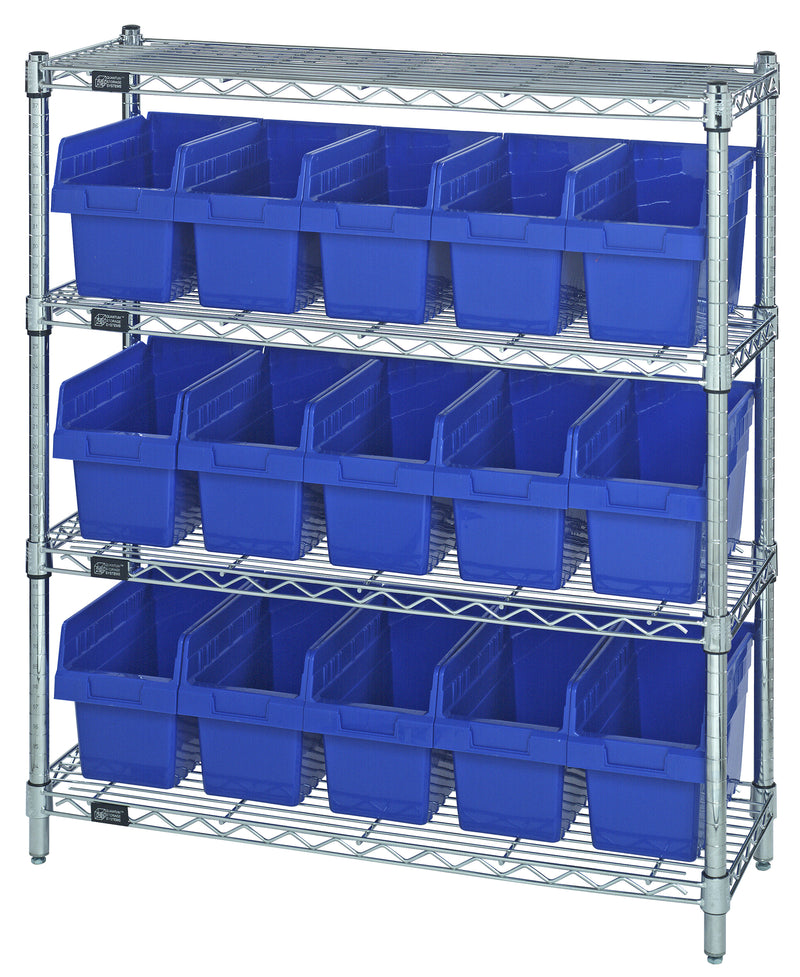 Quantum WR4-39-1236-802BL, 12"W 36"D 39"H Bin Wire Shelving Center, Blue Bins, Chrome Plated Finish