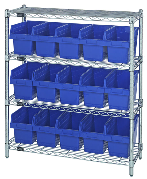 Quantum WR4-39-1236-802BL, 12"W 36"D 39"H Bin Wire Shelving Center, Blue Bins, Chrome Plated Finish