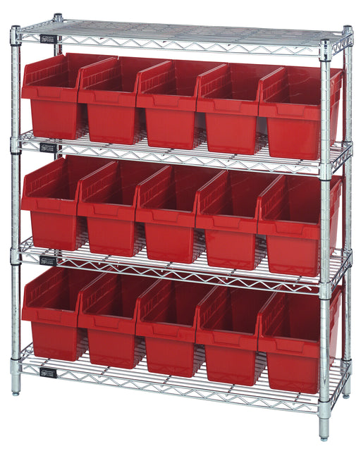 Quantum WR4-39-1236-802RD, 12"W 36"D 39"H Bin Wire Shelving Center, Red Bins, Chrome Plated Finish