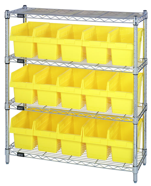 Quantum WR4-39-1236-802YL, 12"W 36"D 39"H Bin Wire Shelving Center, Yellow Bins, Chrome Plated Finish