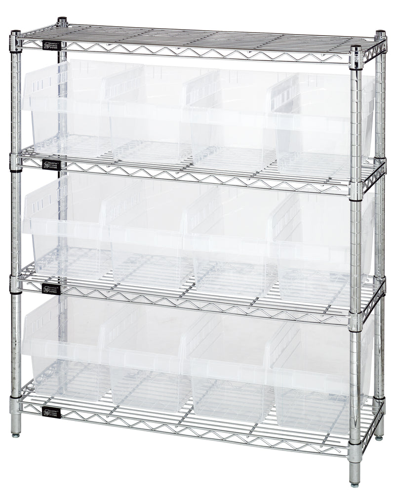 Quantum WR4-39-1236-807CL, 12"W 36"D 39"H Bin Wire Shelving Center, Clear Bins, Chrome Plated Finish