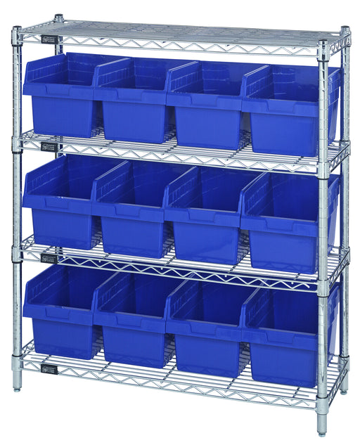 Quantum WR4-39-1236-807BL, 12"W 36"D 39"H Bin Wire Shelving Center, Blue Bins, Chrome Plated Finish