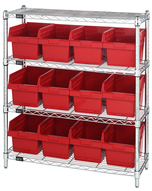 Quantum WR4-39-1236-807RD, 12"W 36"D 39"H Bin Wire Shelving Center, Red Bins, Chrome Plated Finish
