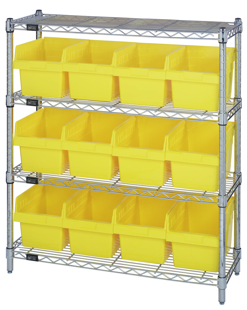 Quantum WR4-39-1236-807YL, 12"W 36"D 39"H Bin Wire Shelving Center, Yellow Bins, Chrome Plated Finish
