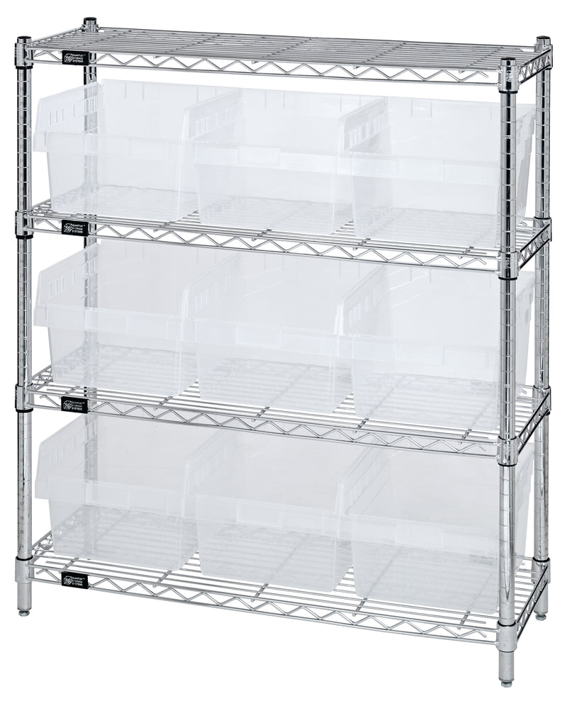 Quantum WR4-39-1236-809CL, 12"W 36"D 39"H Bin Wire Shelving Center, Clear Bins, Chrome Plated Finish