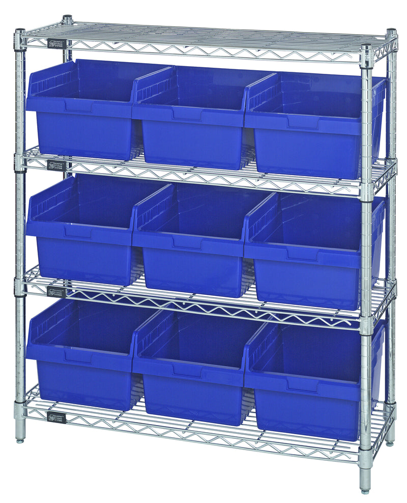 Quantum WR4-39-1236-809BL, 12"W 36"D 39"H Bin Wire Shelving Center, Blue Bins, Chrome Plated Finish