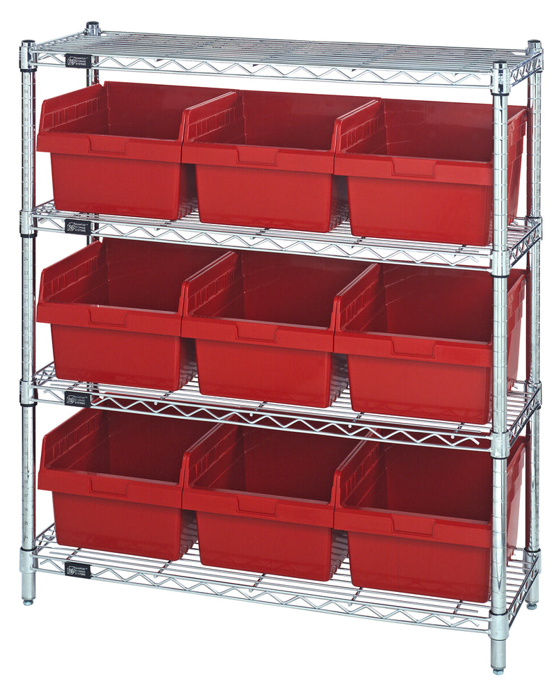 Quantum WR4-39-1236-809RD, 12"W 36"D 39"H Bin Wire Shelving Center, Red Bins, Chrome Plated Finish