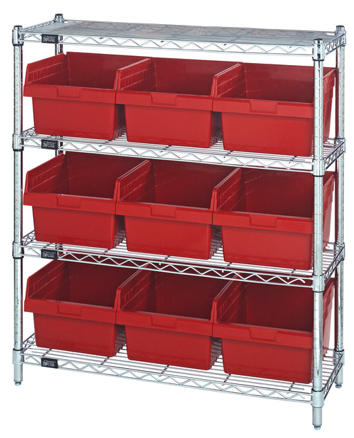Quantum WR4-39-1236-809RD, 12"W 36"D 39"H Bin Wire Shelving Center, Red Bins, Chrome Plated Finish