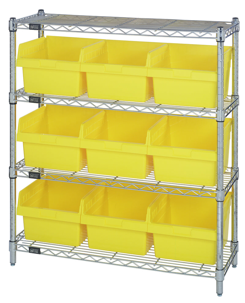 Quantum WR4-39-1236-809YL, 12"W 36"D 39"H Bin Wire Shelving Center, Yellow Bins, Chrome Plated Finish