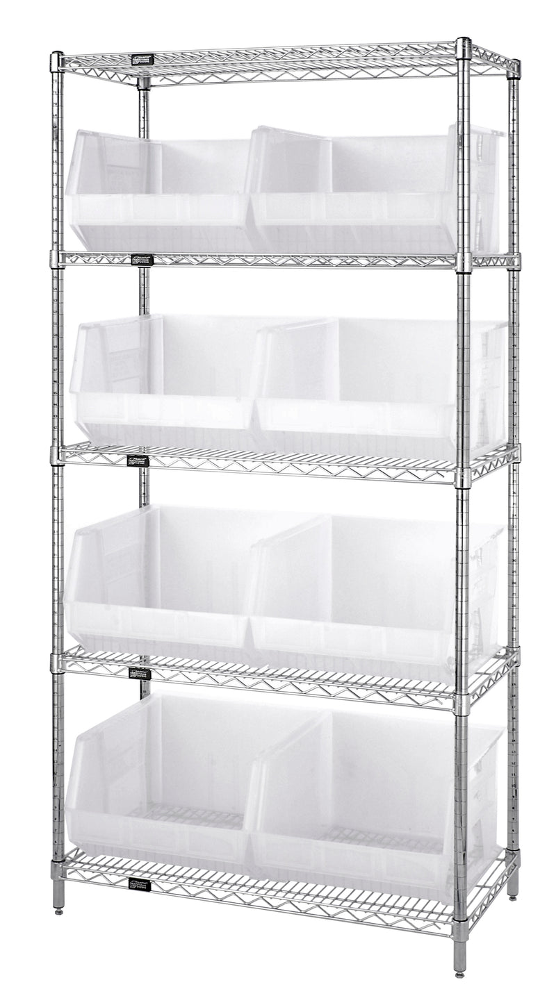 Quantum WR5-270CL, 18"W 36"D 74"H Bin Wire Shelving System, Clear Bins, Chrome Plated Finish
