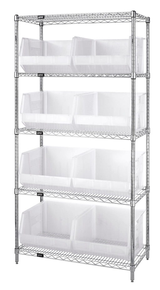 Quantum WR5-270CL, 18"W 36"D 74"H Bin Wire Shelving System, Clear Bins, Chrome Plated Finish
