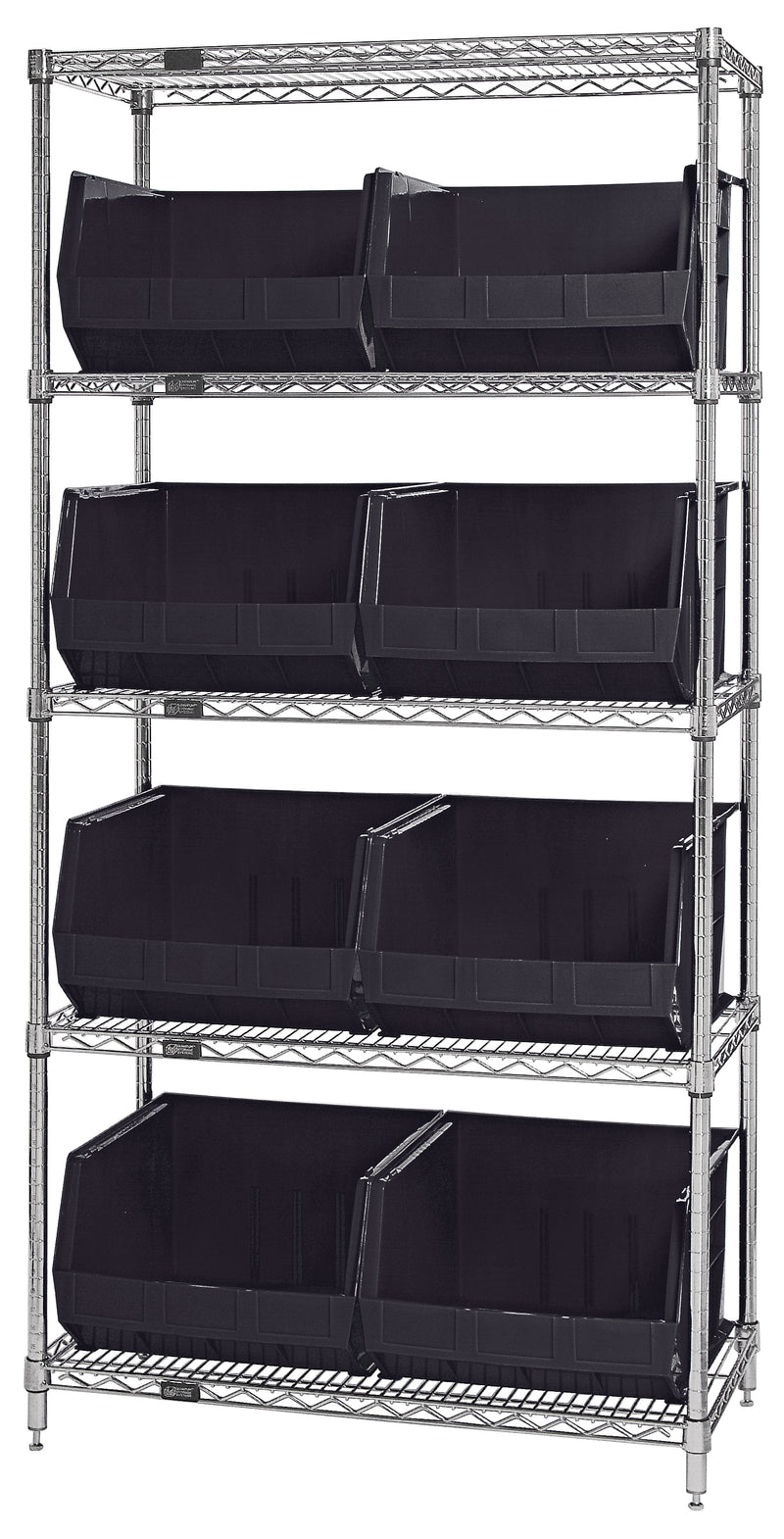 Quantum WR5-270BK, 18"W 36"D 74"H Bin Wire Shelving System, Black Bins, Chrome Plated Finish