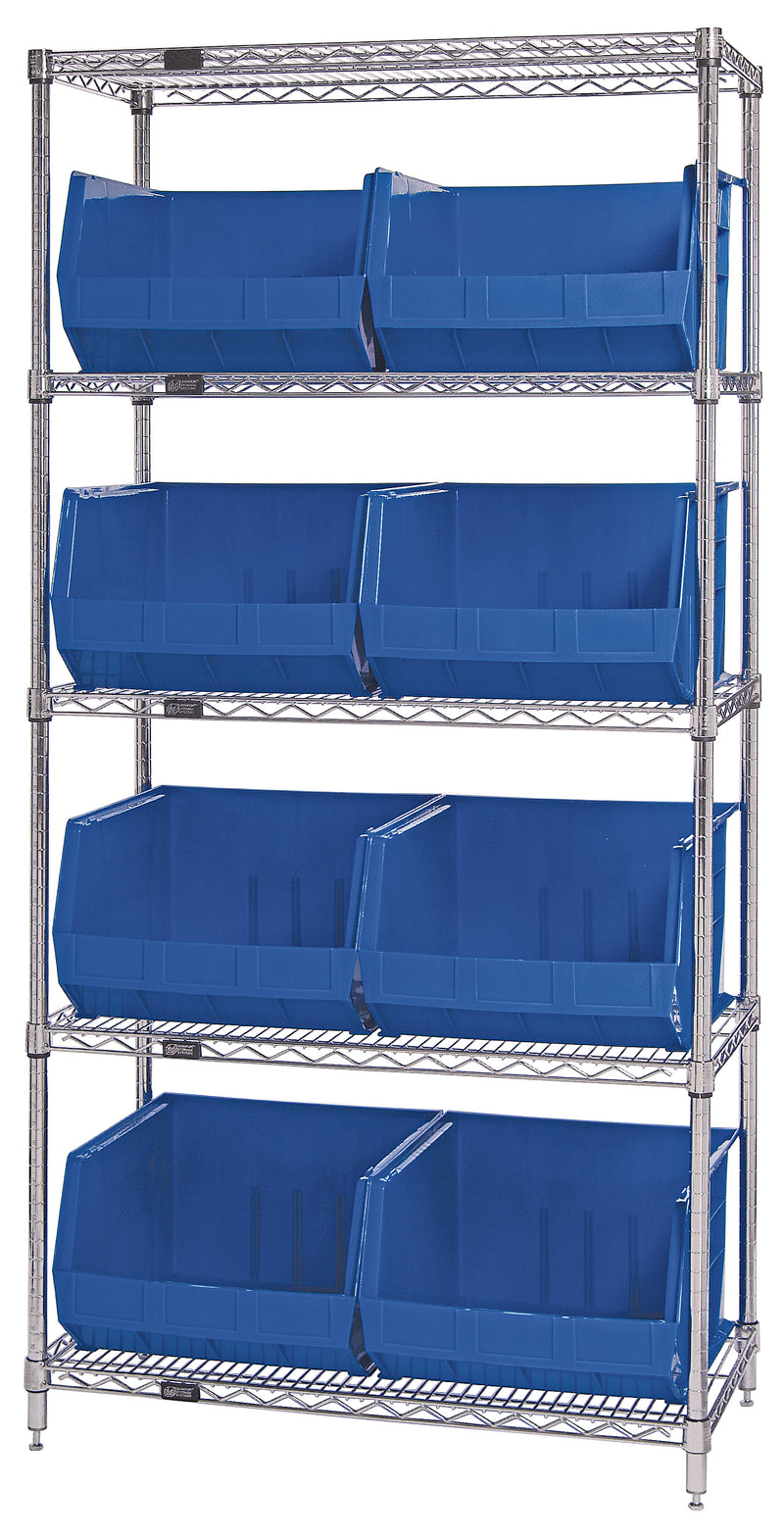 Quantum WR5-270BL, 18"W 36"D 74"H Bin Wire Shelving System, Blue Bins, Chrome Plated Finish