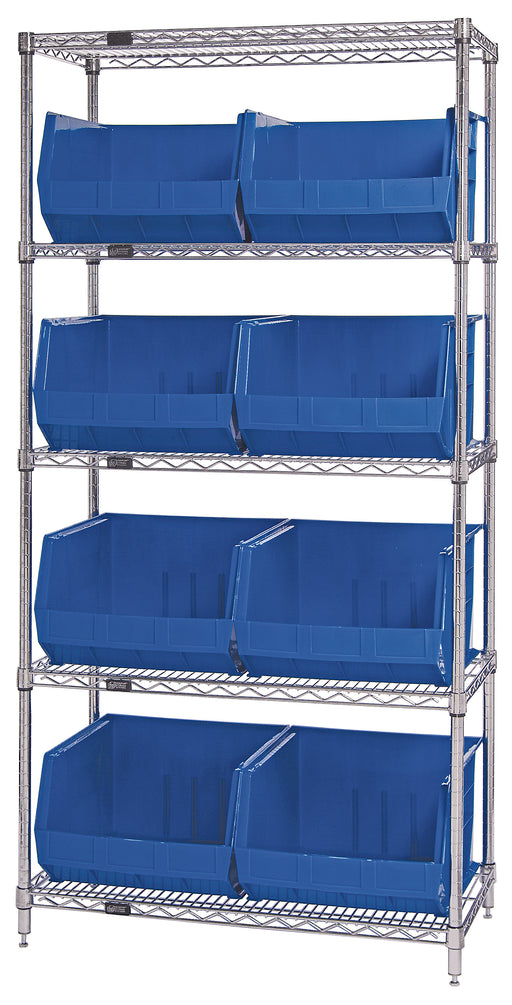 Quantum WR5-270BL, 18"W 36"D 74"H Bin Wire Shelving System, Blue Bins, Chrome Plated Finish