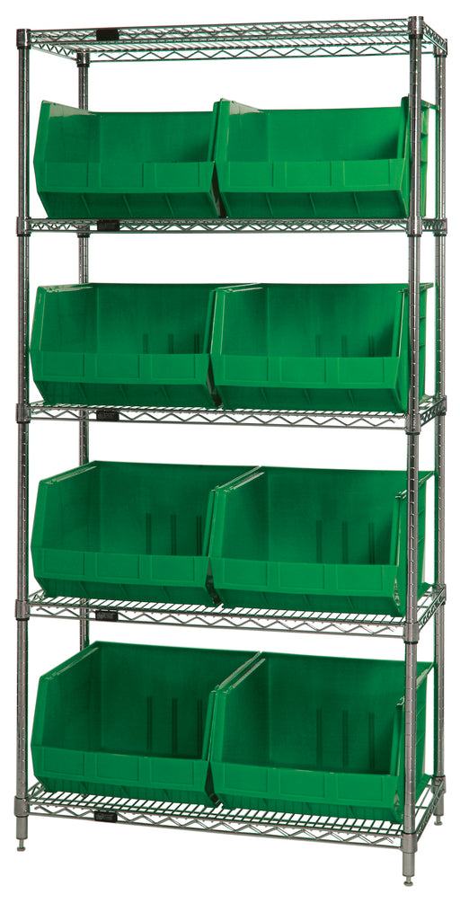 Quantum WR5-270GN, 18"W 36"D 74"H Bin Wire Shelving System, Green Bins, Chrome Plated Finish