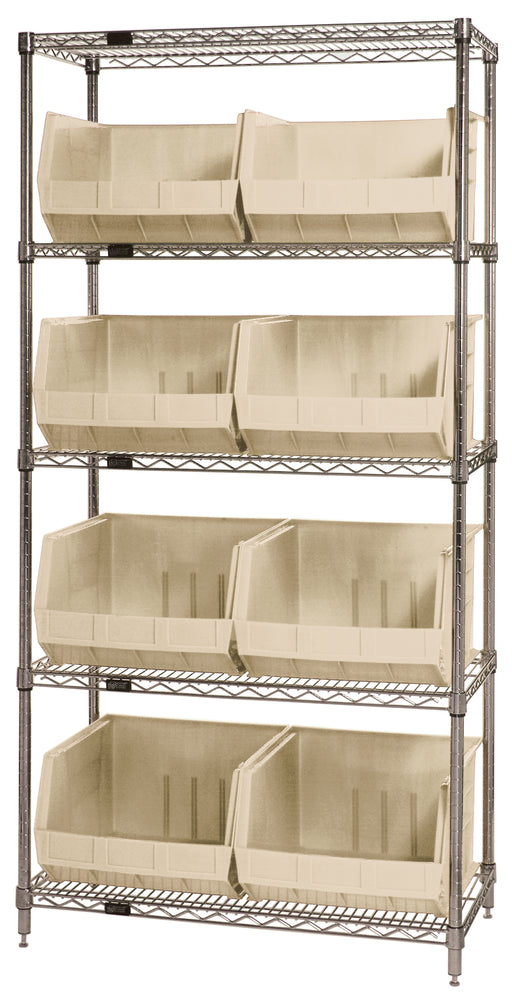 Quantum WR5-270IV, 18"W 36"D 74"H Bin Wire Shelving System, Ivory Bins, Chrome Plated Finish