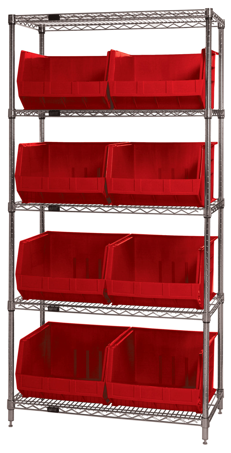 Quantum WR5-270RD, 18"W 36"D 74"H Bin Wire Shelving System, Red Bins, Chrome Plated Finish