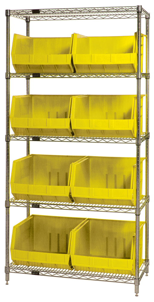 Quantum WR5-270YL, 18"W 36"D 74"H Bin Wire Shelving System, Yellow Bins, Chrome Plated Finish