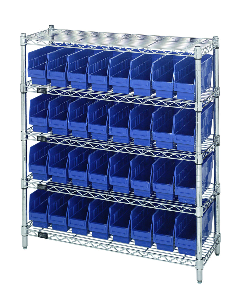Quantum WR5-39-1236-201BL, 12"W 36"D 36"H Bin Wire Shelving Center, Blue Bins, Chrome Plated Finish
