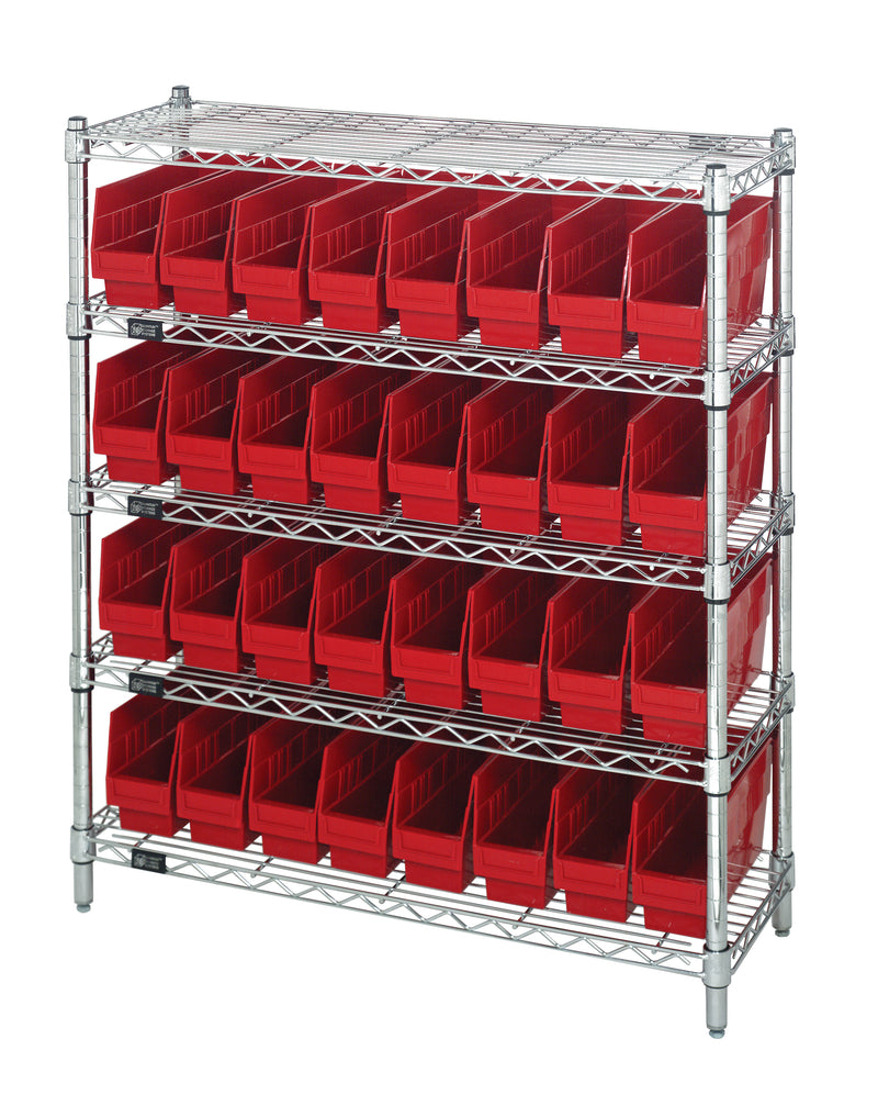 Quantum WR5-39-1236-201RD, 12"W 36"D 36"H Bin Wire Shelving Center, Red Bins, Chrome Plated Finish