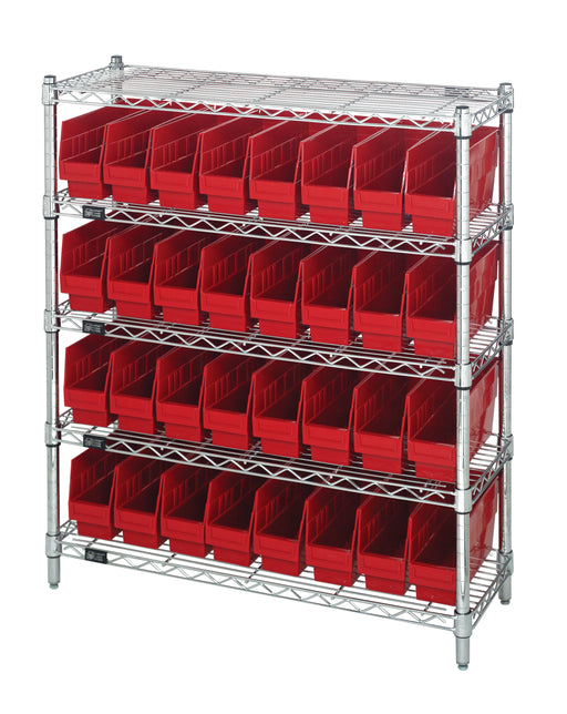 Quantum WR5-39-1236-201RD, 12"W 36"D 36"H Bin Wire Shelving Center, Red Bins, Chrome Plated Finish