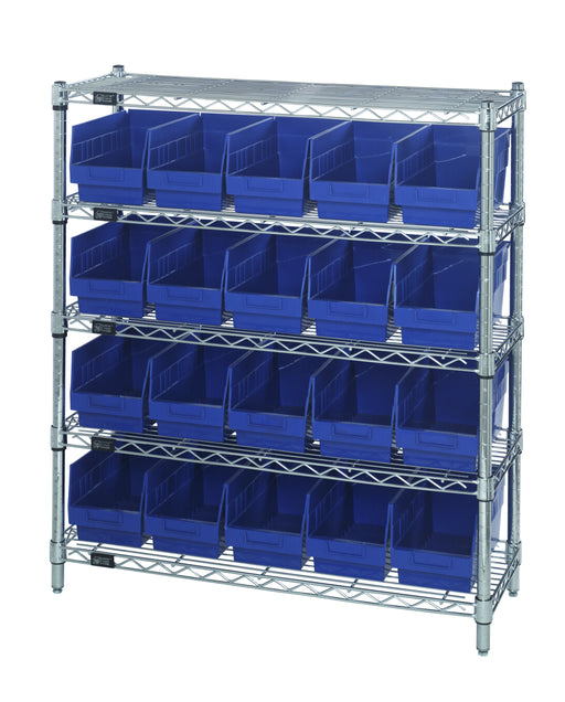 Quantum WR5-39-1236-202BL, 12"W 36"D 36"H Bin Wire Shelving Center, Blue Bins, Chrome Plated Finish