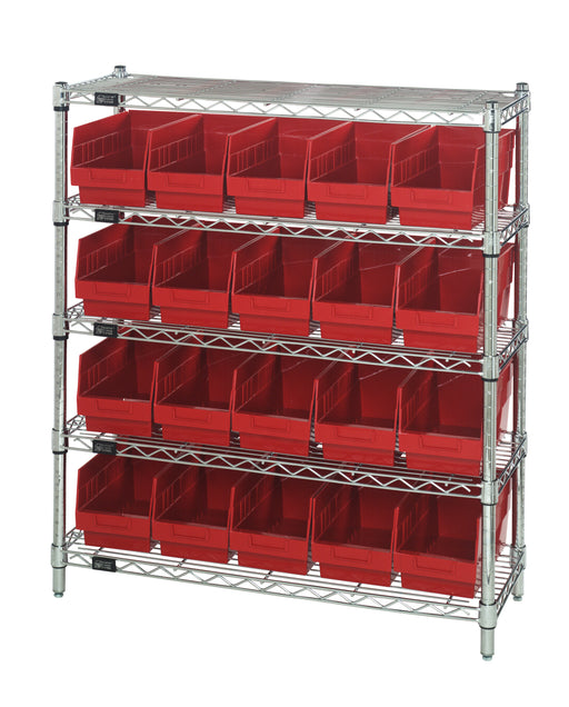 Quantum WR5-39-1236-202RD, 12"W 36"D 36"H Bin Wire Shelving Center, Red Bins, Chrome Plated Finish