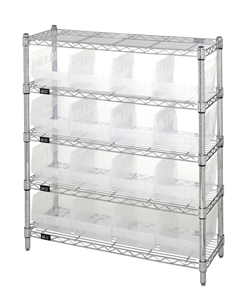 Quantum WR5-39-1236-207CL, 12"W 36"D 36"H Bin Wire Shelving Center, Clear Bins, Chrome Plated Finish