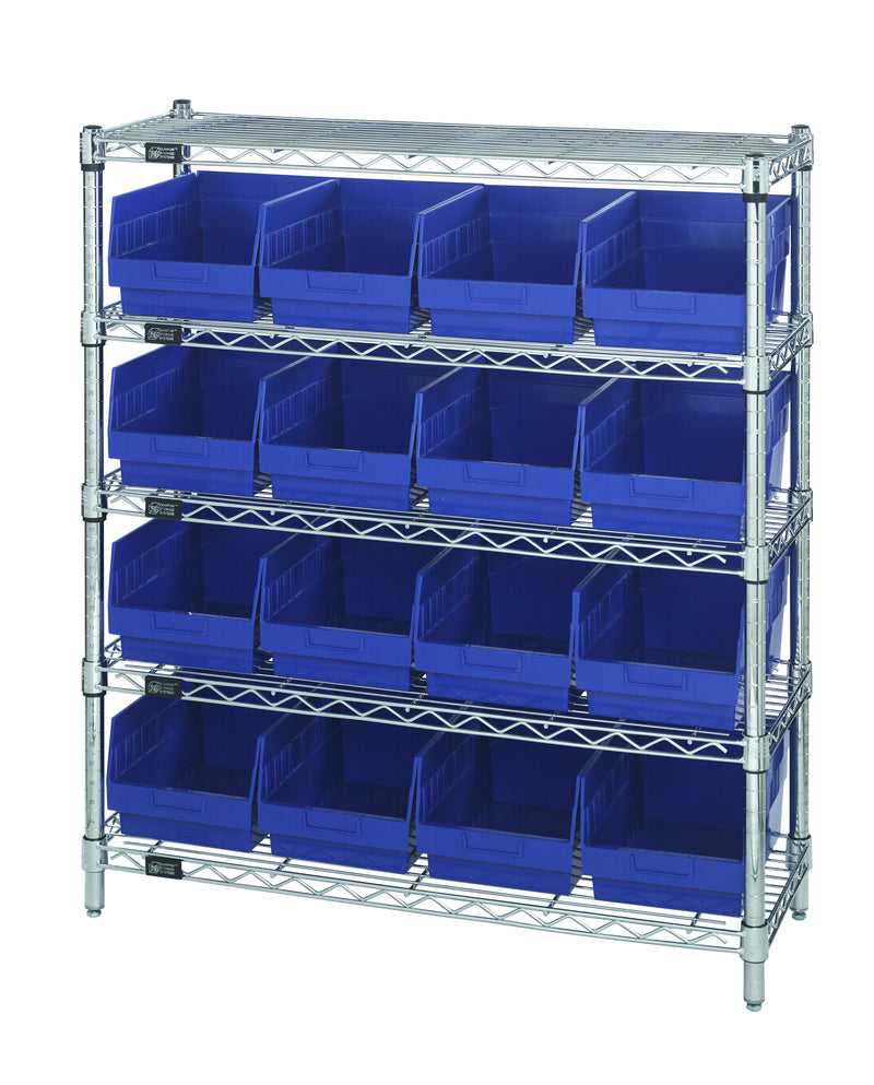 Quantum WR5-39-1236-207BL, 12"W 36"D 36"H Bin Wire Shelving Center, Blue Bins, Chrome Plated Finish