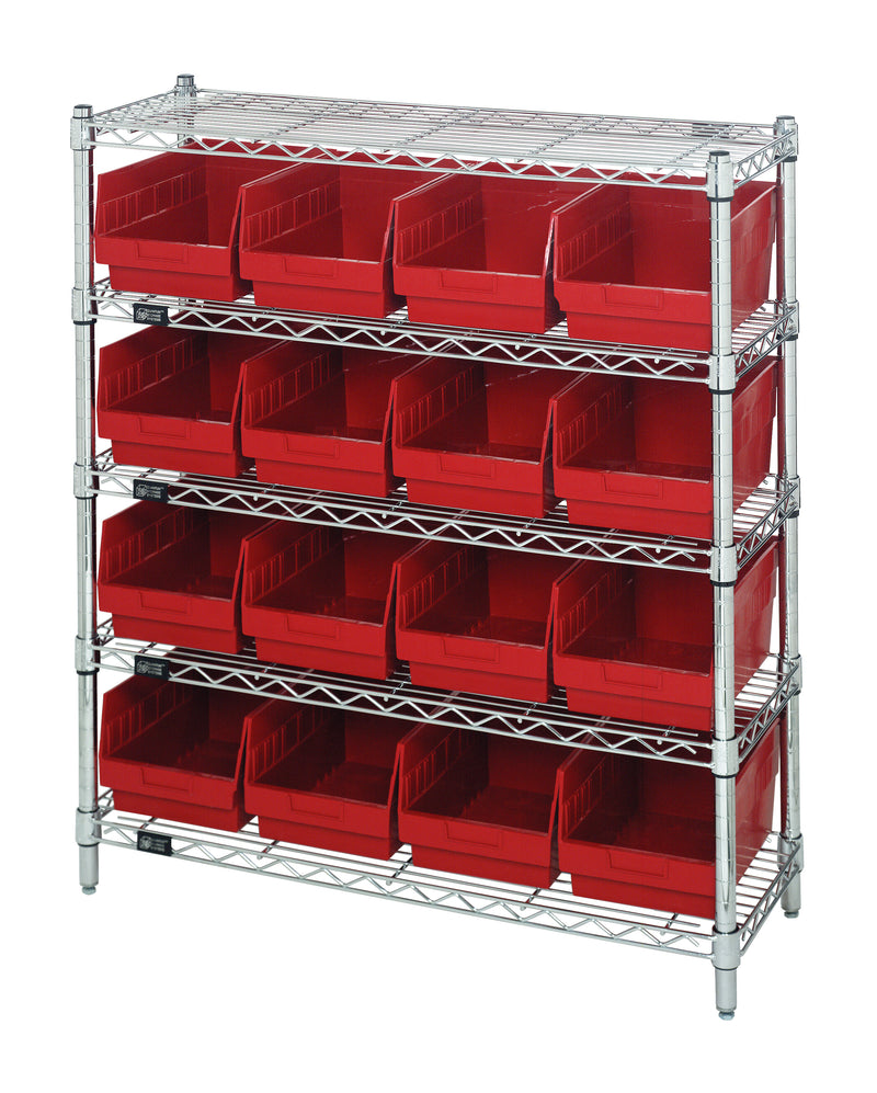 Quantum WR5-39-1236-207RD, 12"W 36"D 36"H Bin Wire Shelving Center, Red Bins, Chrome Plated Finish