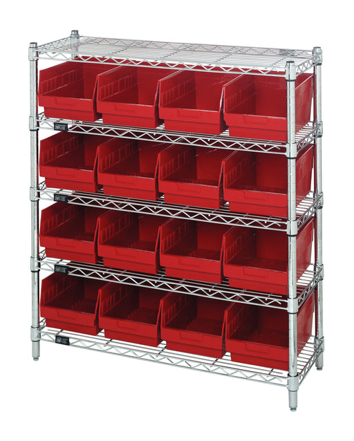 Quantum WR5-39-1236-207RD, 12"W 36"D 36"H Bin Wire Shelving Center, Red Bins, Chrome Plated Finish