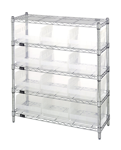 Quantum WR5-39-1236-209CL, 12"W 36"D 36"H Bin Wire Shelving Center, Clear Bins, Chrome Plated Finish