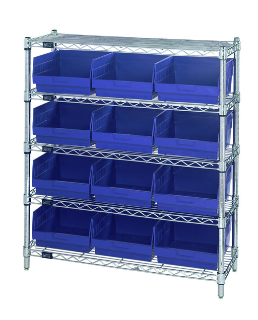 Quantum WR5-39-1236-209BL, 12"W 36"D 36"H Bin Wire Shelving Center, Blue Bins, Chrome Plated Finish