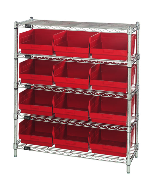 Quantum WR5-39-1236-209RD, 12"W 36"D 36"H Bin Wire Shelving Center, Red Bins, Chrome Plated Finish
