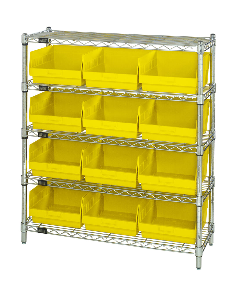 Quantum WR5-39-1236-209YL, 12"W 36"D 36"H Bin Wire Shelving Center, Yellow Bins, Chrome Plated Finish