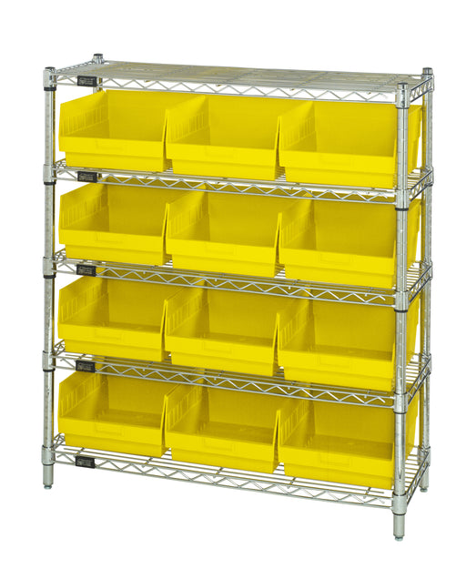 Quantum WR5-39-1236-209YL, 12"W 36"D 36"H Bin Wire Shelving Center, Yellow Bins, Chrome Plated Finish