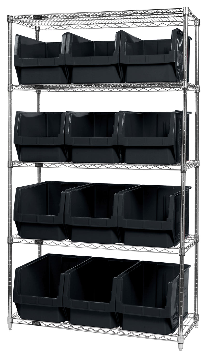 Quantum WR5-533BK, 18"W 42"D 74"H Bin Wire Shelving System, Black Bins, Chrome Plated Finish