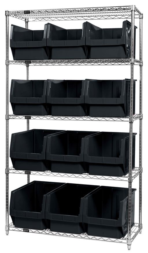 Quantum WR5-533BK, 18"W 42"D 74"H Bin Wire Shelving System, Black Bins, Chrome Plated Finish