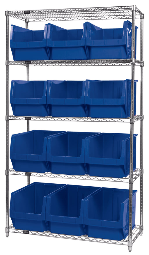 Quantum WR5-533BL, 18"W 42"D 74"H Bin Wire Shelving System, Blue Bins, Chrome Plated Finish