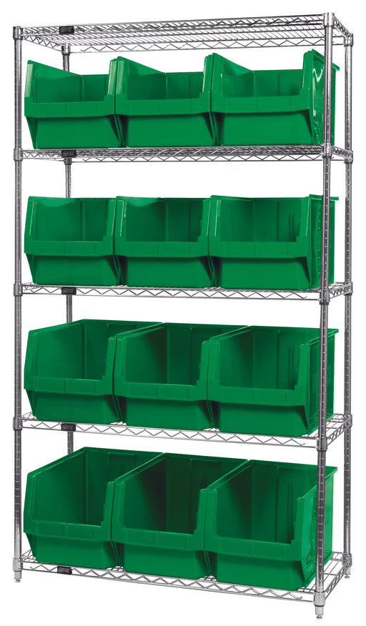 Quantum WR5-533GN, 18"W 42"D 74"H Bin Wire Shelving System, Green Bins, Chrome Plated Finish