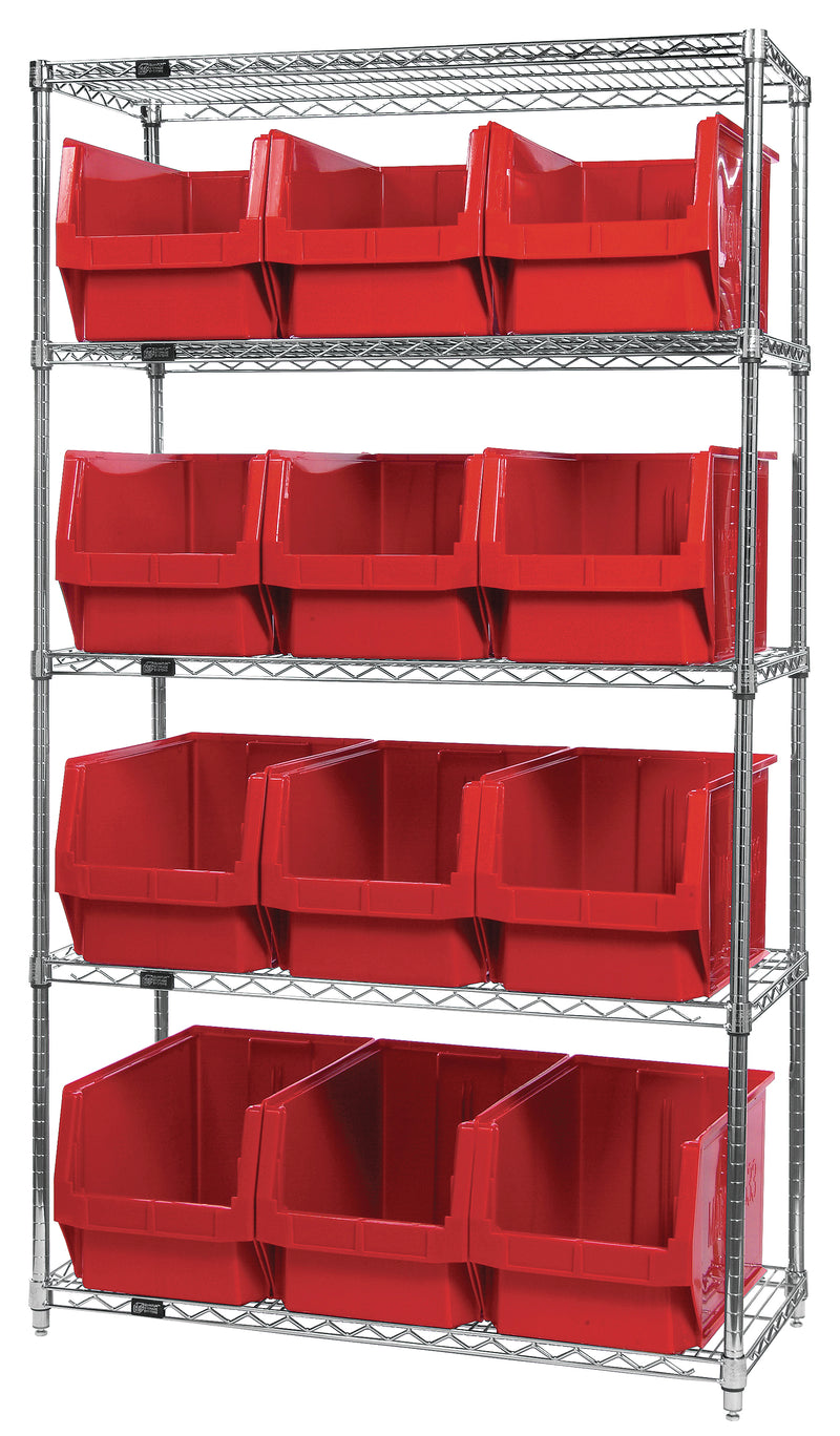 Quantum WR5-533RD, 18"W 42"D 74"H Bin Wire Shelving System, Red Bins, Chrome Plated Finish