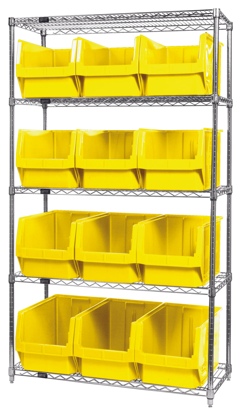 Quantum WR5-533YL, 18"W 42"D 74"H Bin Wire Shelving System, Yellow Bins, Chrome Plated Finish