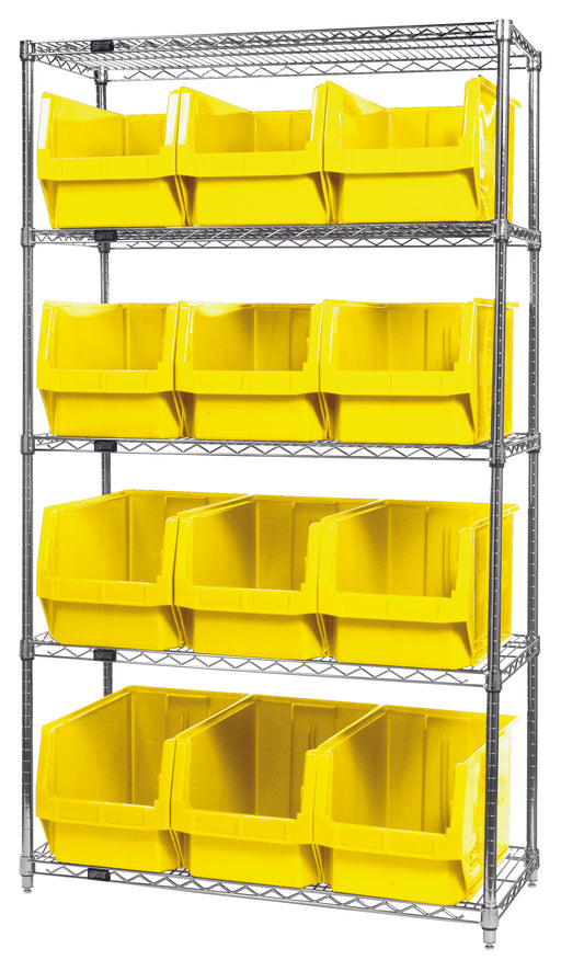 Quantum WR5-533YL, 18"W 42"D 74"H Bin Wire Shelving System, Yellow Bins, Chrome Plated Finish