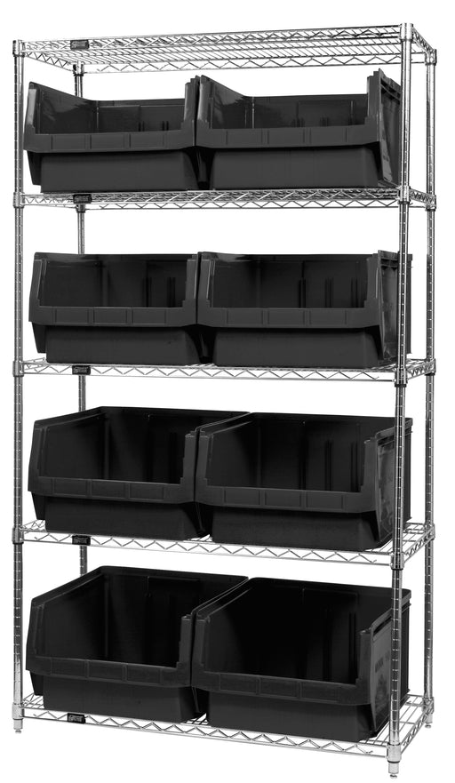 Quantum WR5-543BK, 18"W 42"D 74"H Bin Wire Shelving System, Black Bins, Chrome Plated Finish