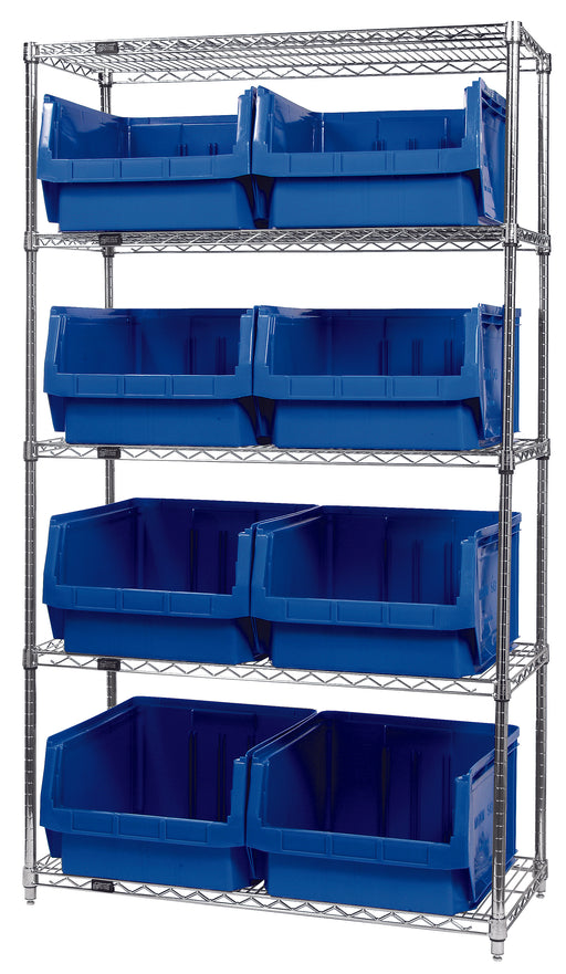 Quantum WR5-543BL, 18"W 42"D 74"H Bin Wire Shelving System, Blue Bins, Chrome Plated Finish